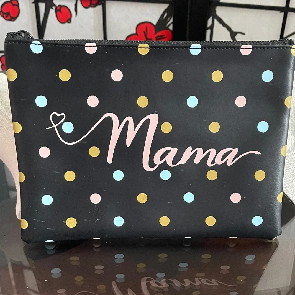 Mama Polka Dot Cosmetic Pouch - Black with Pink, Blue & Gold Dots